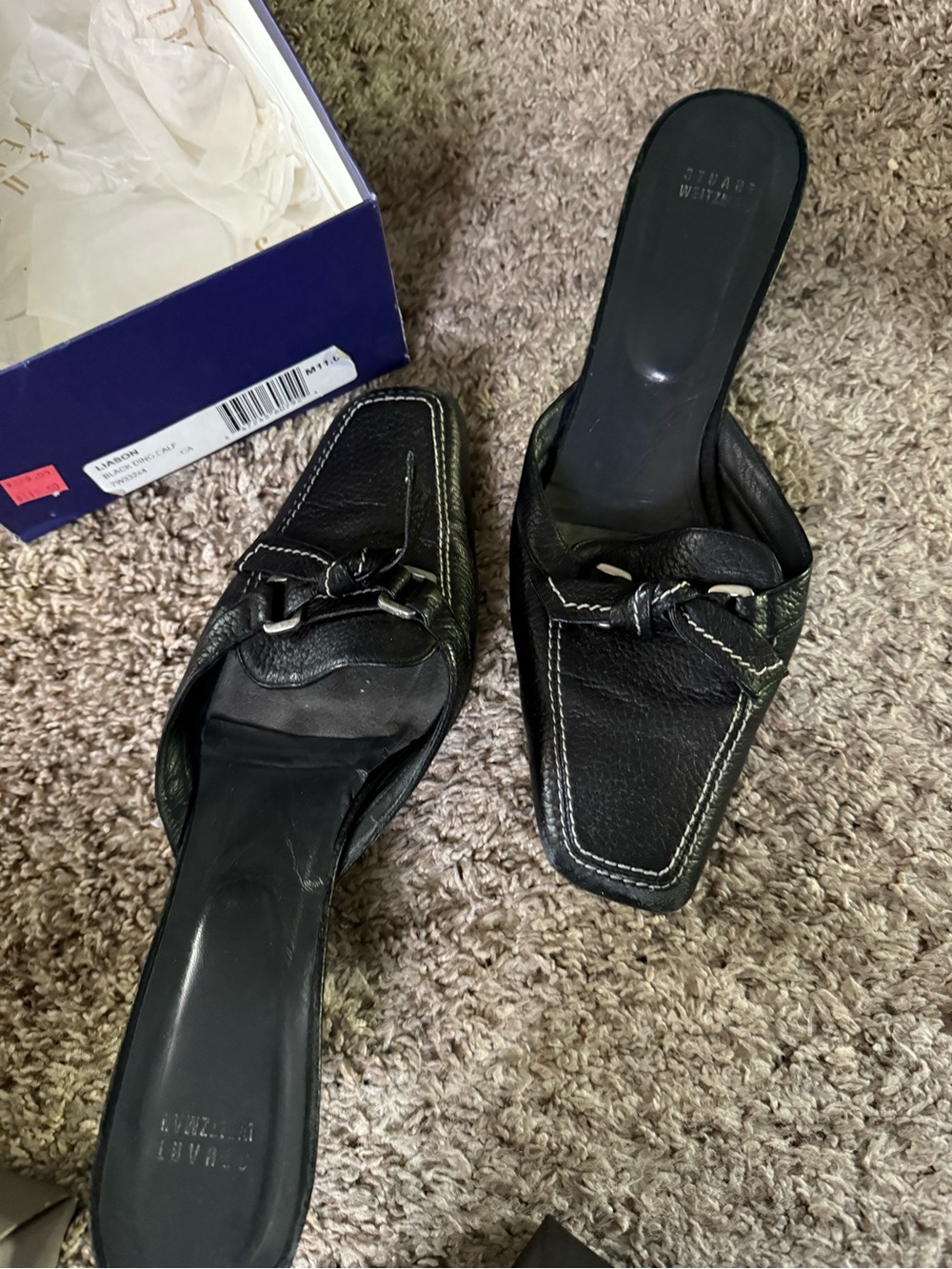 Stuart Weitzman Black Leather Knot-Front Square Toe Mules - Picture 3 of 5